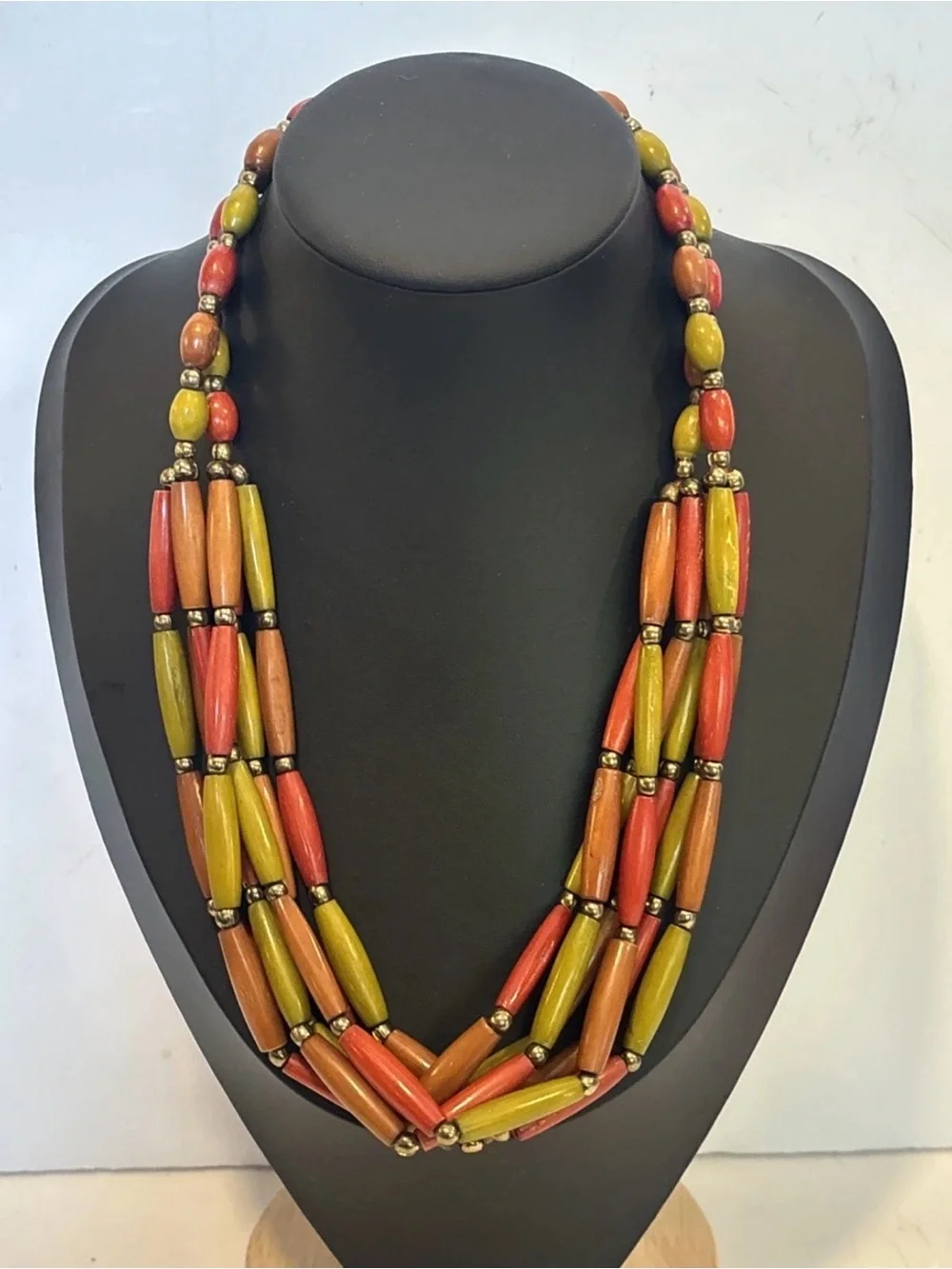 Vintage 70s Boho Layered Lucite Bead‎ Necklace Orange Yellow Earth Tone Retro